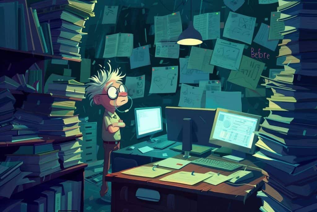 Cartoon of overwhelmed person with cluttered desk and computer, symbolizing pre-BAB Framework confusion.