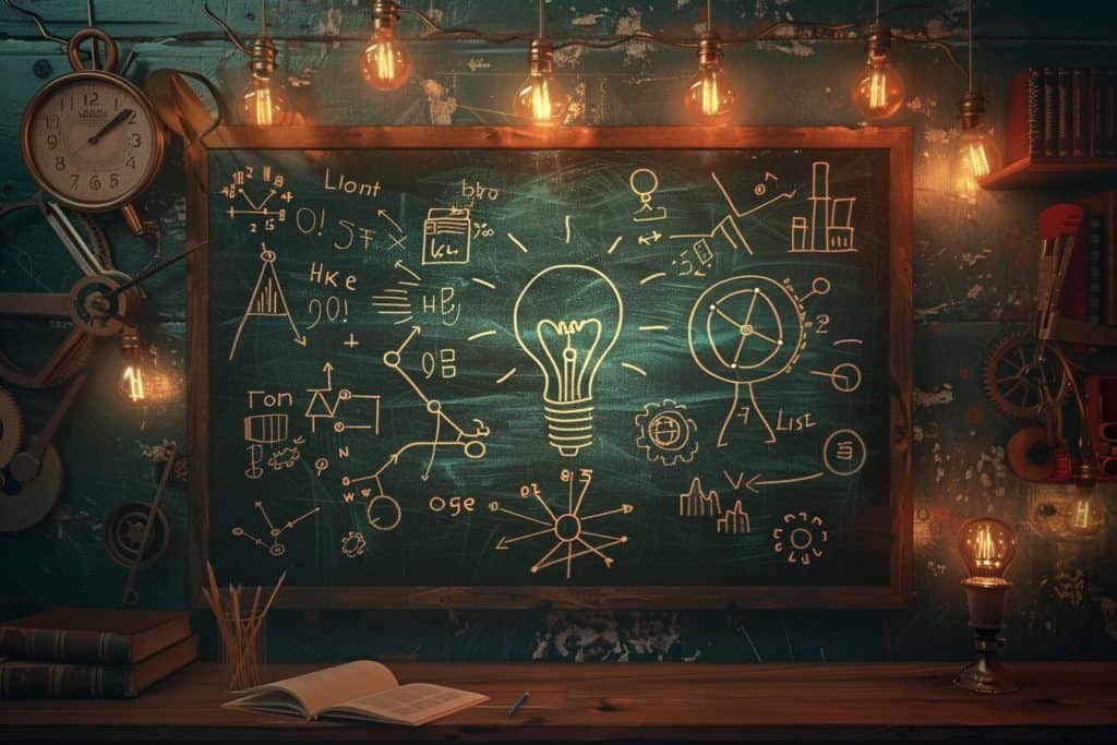 Lightbulb and graphics on a chalkboard.