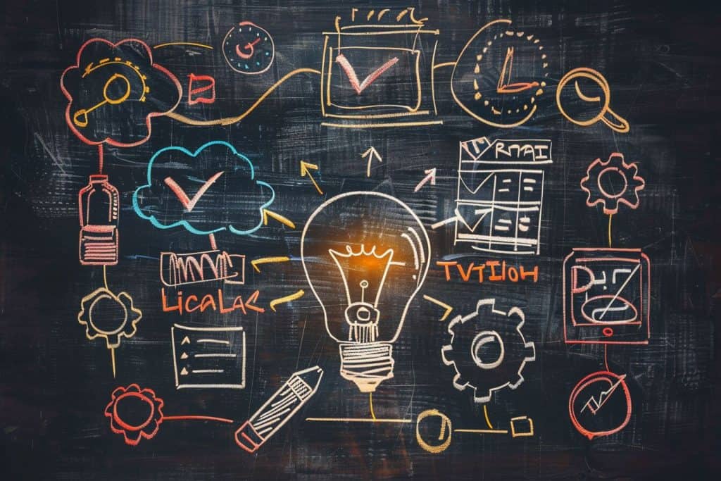 Chalkboard drawing featuring the BLOG framework elements surrounded by symbols of ideas, organization, and planning.