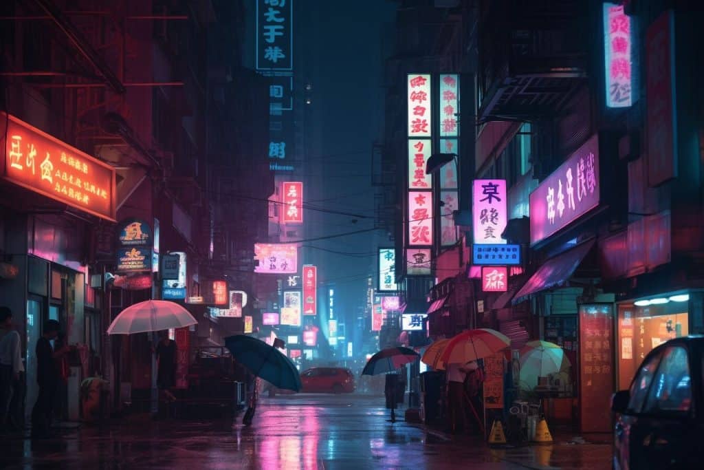 A city at night by Midjourney v5