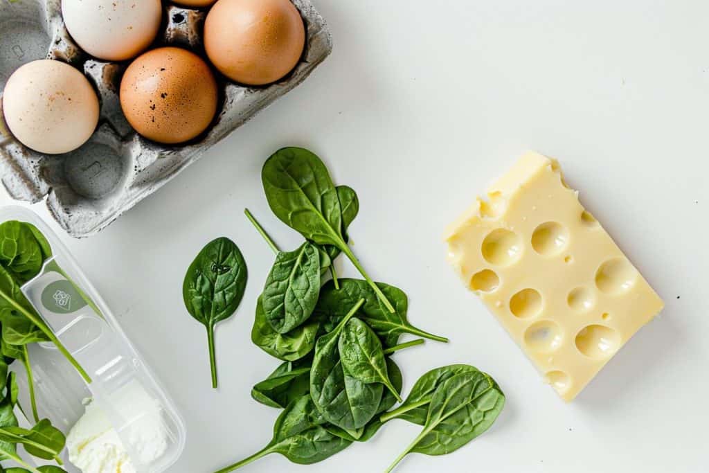 A clean minimalistic overhead shop of eggs, cheese, and spinach.