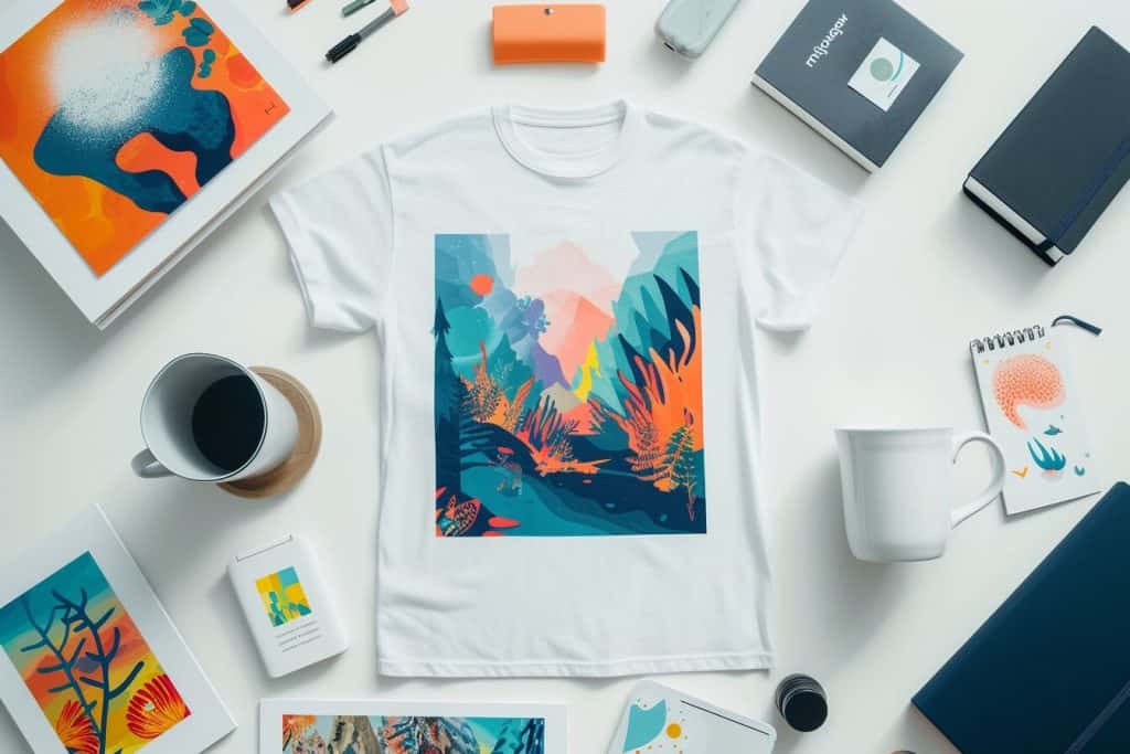Overhead view of print-on-demand products including a T-shirt, mug, poster, and notebook, all featuring unique AI-generated designs, on a white background.