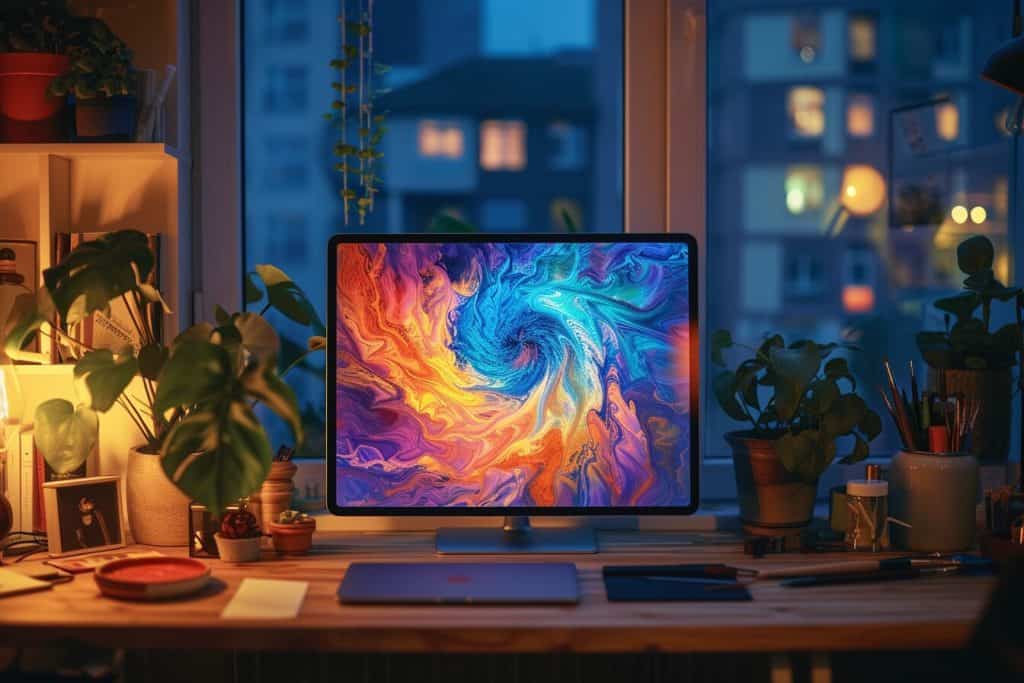 Cozy artist's corner with a digital tablet displaying an AI-generated abstract painting, surrounded by art supplies and ambient lighting.