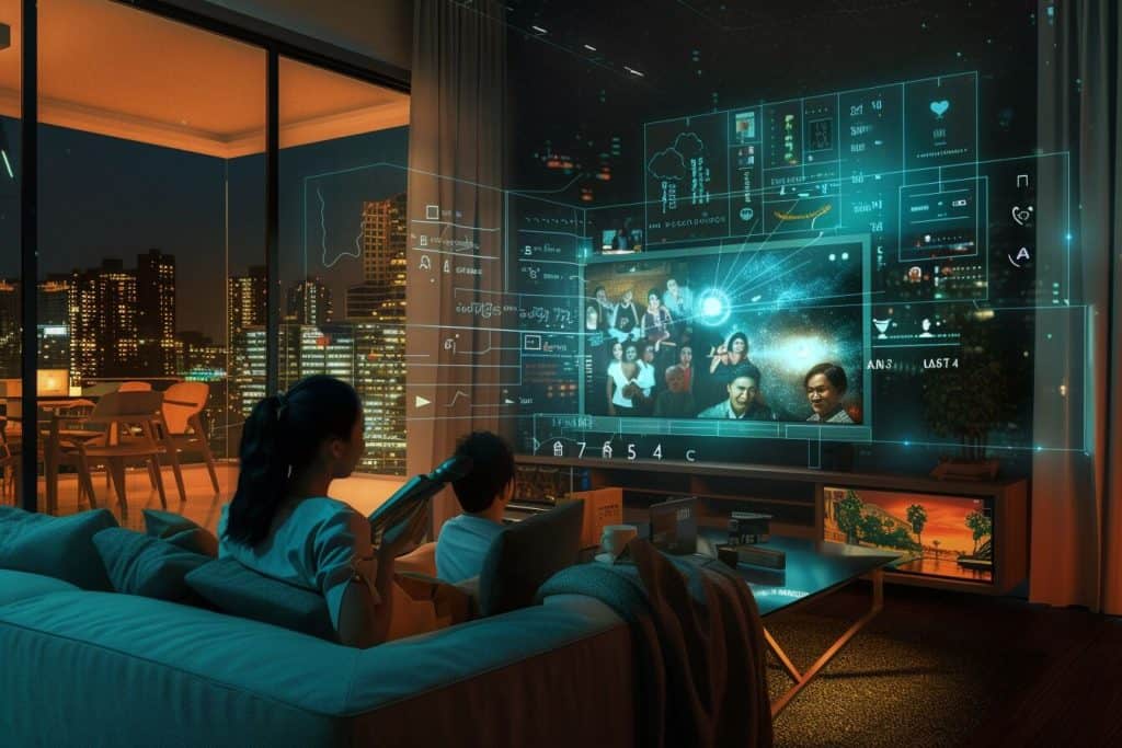 Cozy family living room with a smart TV showing AI-powered personalized movie and TV show recommendations, highlighting AI's role in entertainment.