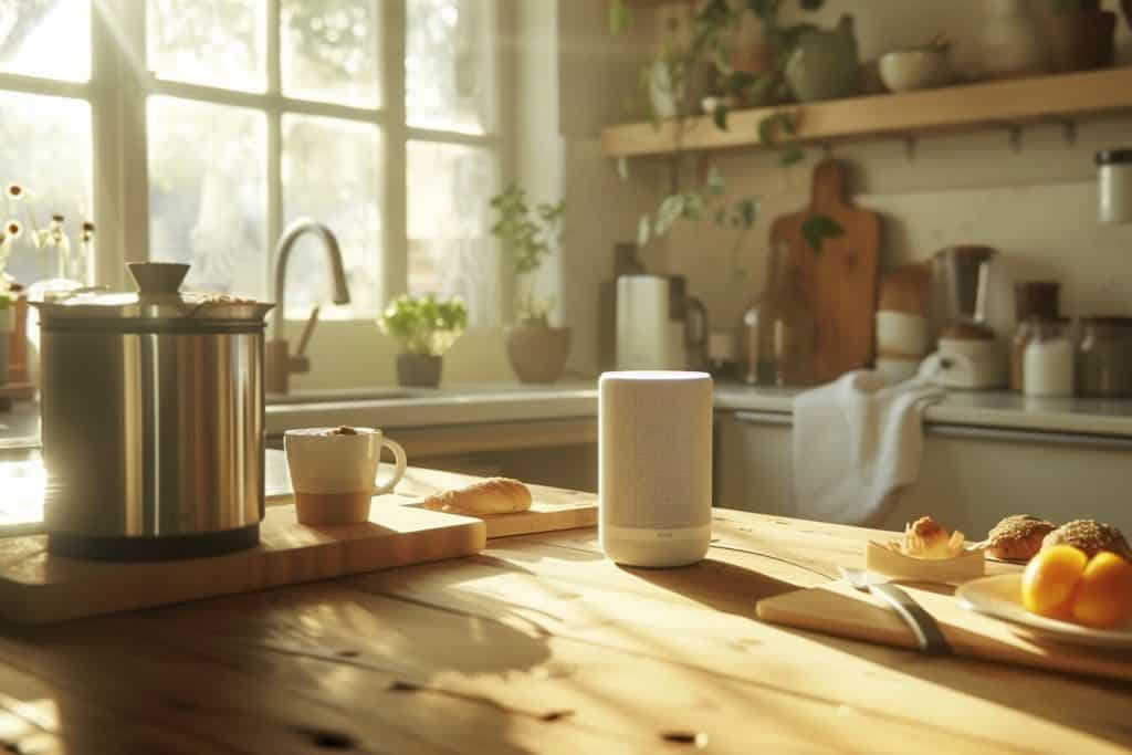 Cozy kitchen scene with a smart speaker giving the weather forecast, highlighting AI's role in simplifying daily routines.