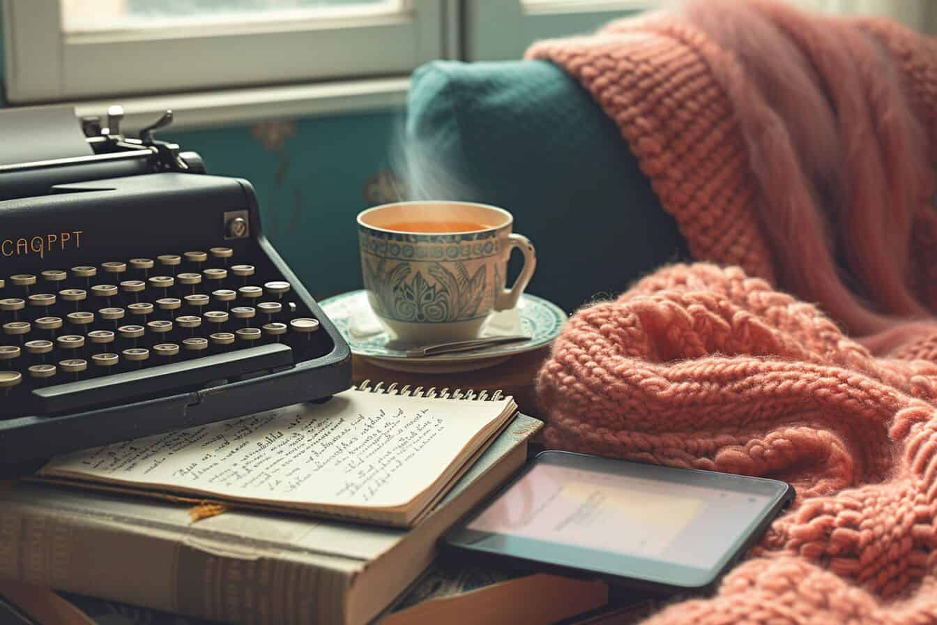 Cozy writer's nook with tablet showing ChatGPT creative writing suggestions beside a vintage typewriter, surrounded by books and tea.