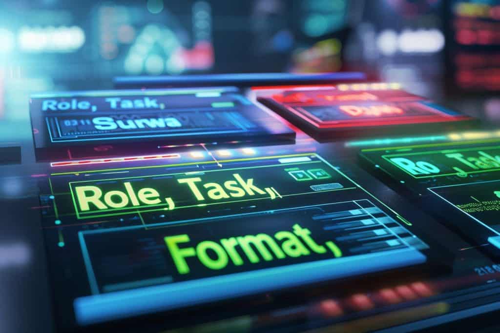 Futuristic control panel with Role, Task, and Format sections highlighted in vibrant colors, symbolizing the RTF Framework's core components.