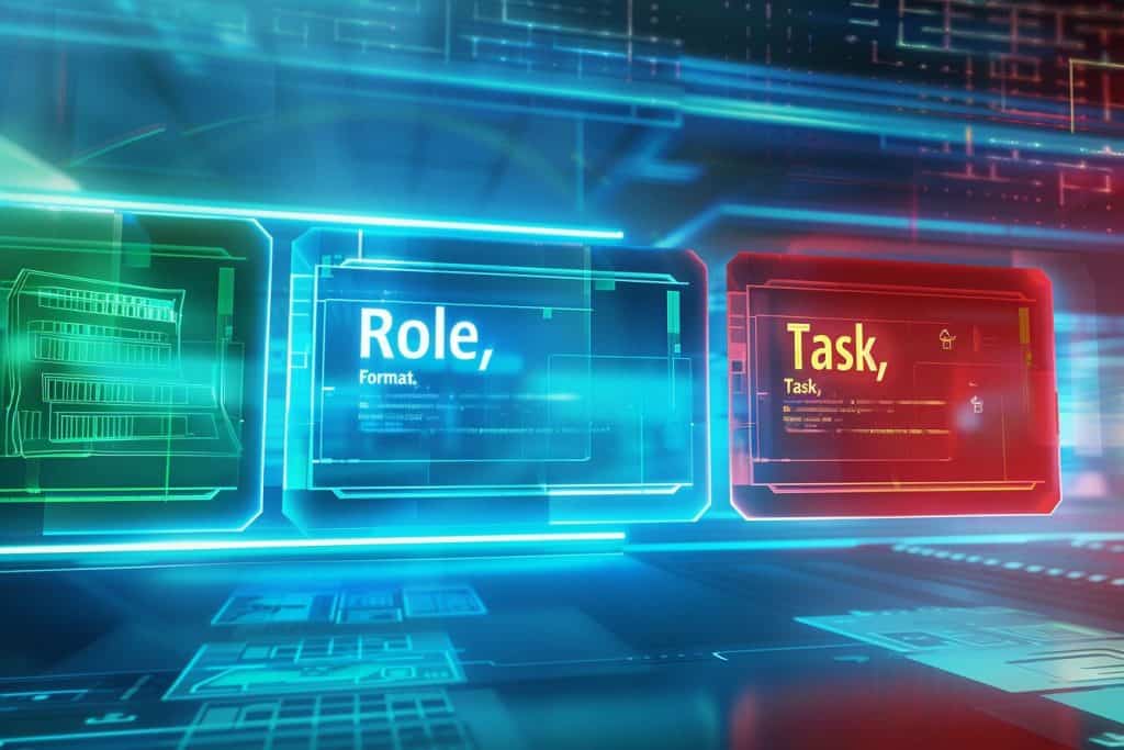 Futuristic control panel with Role, Task, and Format sections highlighted in vibrant colors, symbolizing the RTF Framework's core components.