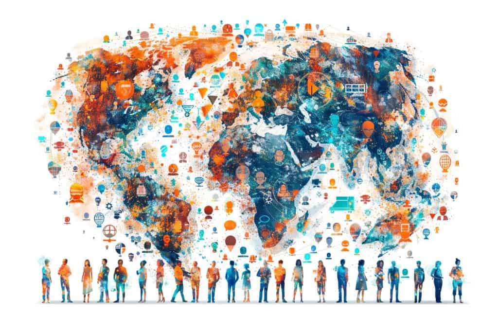 Global community connected by digital lines around a global map, symbolizing online AI learning.