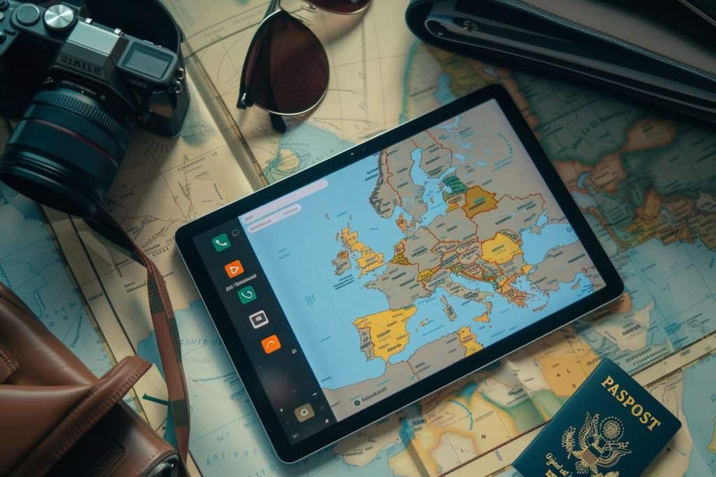 Tablet displaying an AI-based travel app with flight options and itineraries, surrounded by travel essentials, simplifying trip planning.