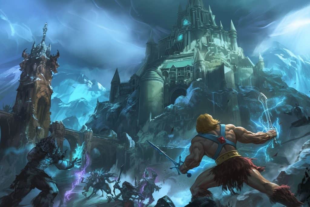 He-Man doing battle out front of Castle Greyskull.
