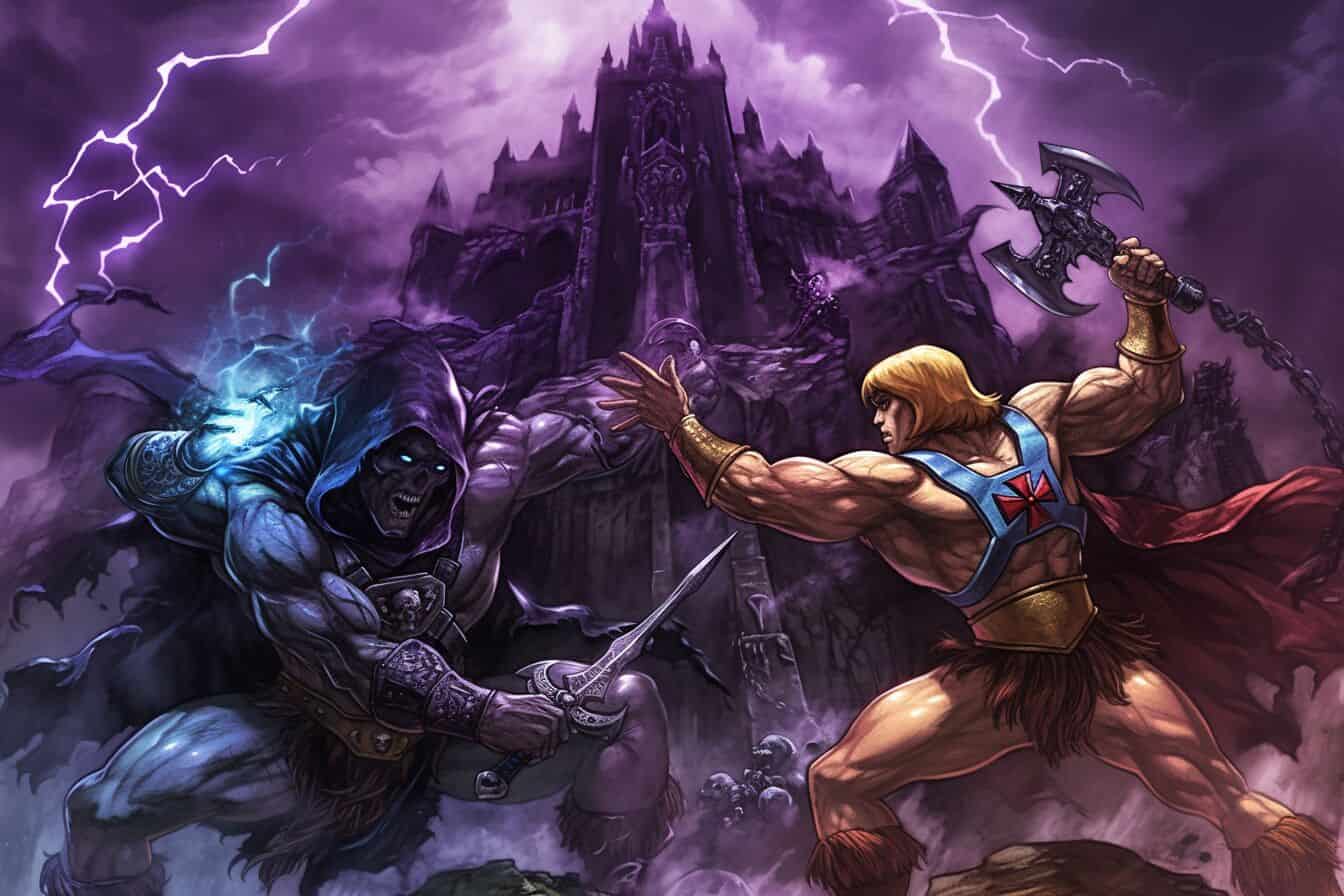He-Man and Skeletor battling in front of Castle Greyskull.