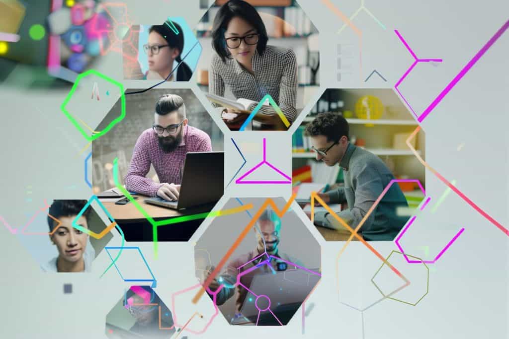 Collage of photos and illustrations in hexagons showing TAG Framework applications in writing, science, teaching, and marketing, interconnected by neon lines.