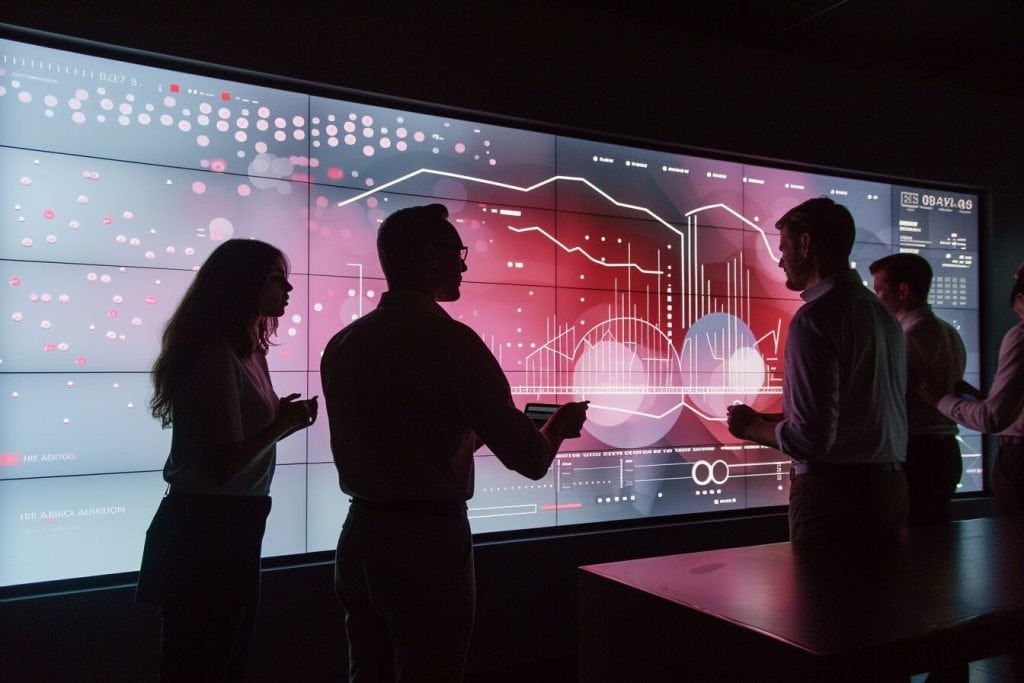 Marketing team analyzing consumer behavior and sales predictions on an AI-driven interactive screen, enhancing marketing and sales strategies.