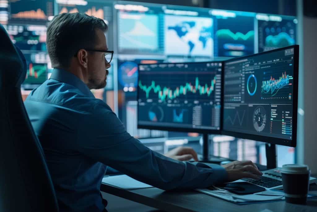 Financial analyst reviewing AI-generated forecasts and risk assessments, aiding in informed decisions and fraud detection in financial management.