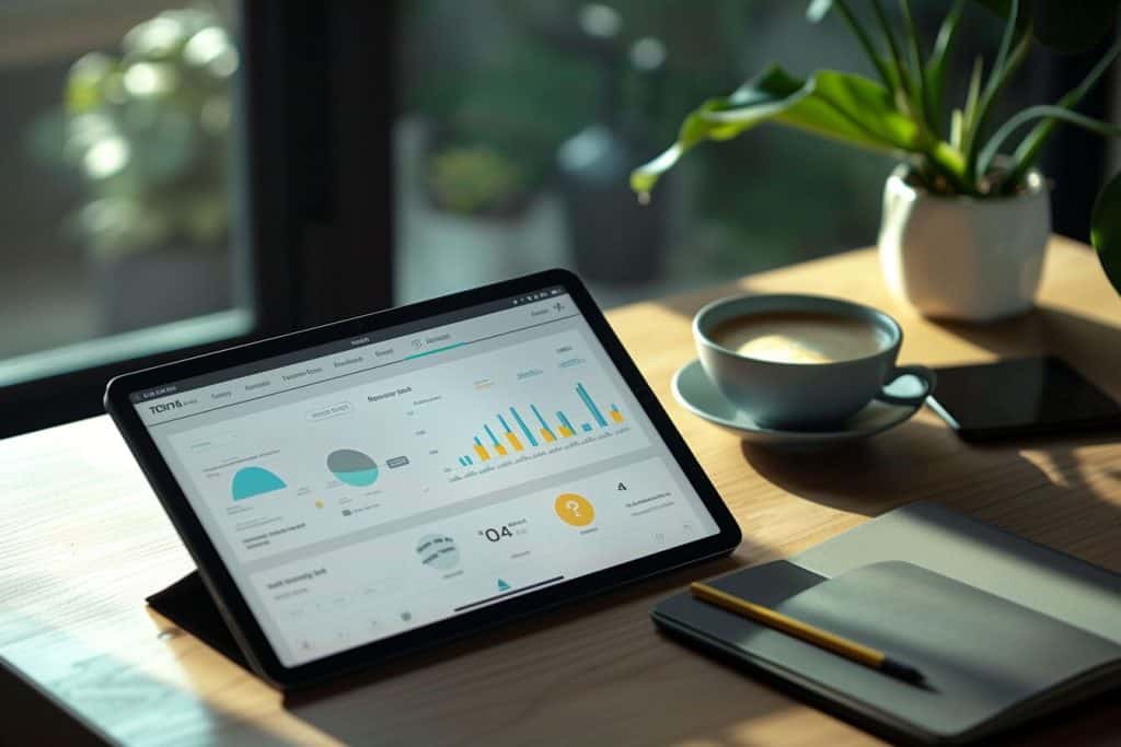  Digital tablet on a home office desk displaying a financial app with AI-categorized expenses and budgeting tips, simplifying personal finance management.