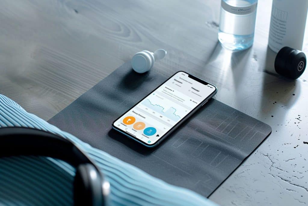 Smartphone on a gym mat displaying a health app with steps, heart rate, and a personalized workout plan, acting as a digital personal trainer.