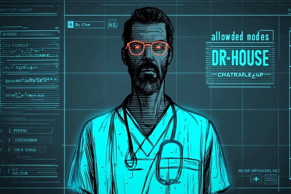A glowing jailbreak prompt represented by Dr. House.