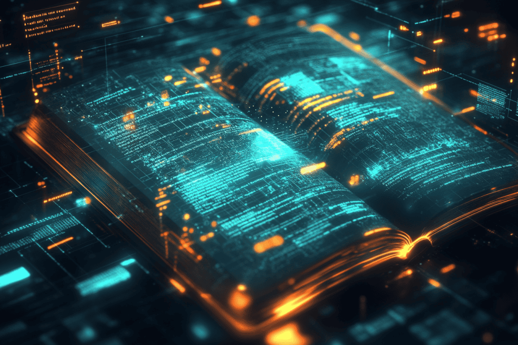 a glowing visualization of a vast digital book with data streams flowing across pages, symbolizing MiniMax-01’s ability to handle massive token contexts with lightning speed