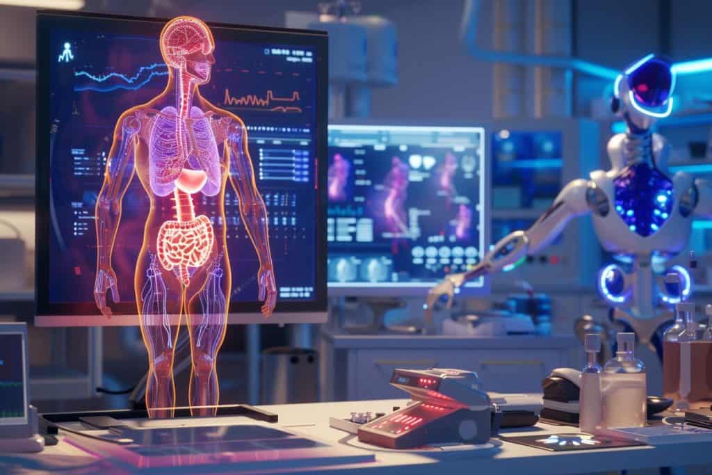 High-tech medical lab with professionals and AI analyzing patient data and preparing for robotic surgery, showcasing AI's revolutionary impact on healthcare.