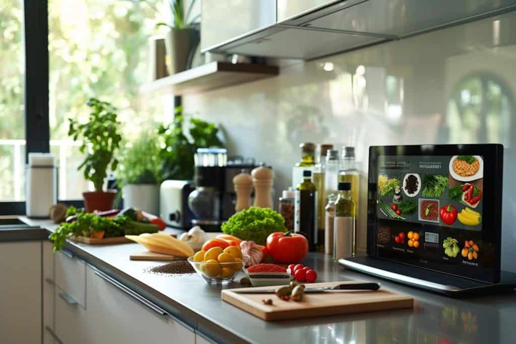 Kitchen counter with a screen displaying an AI-suggested recipe and ingredients for meal prep, offering personalized culinary guidance.