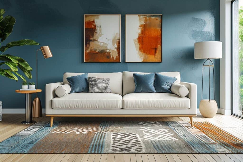 Modern living room staged with unique AI-generated wall art, showcasing a blend of contemporary design and personal flair in home decor.