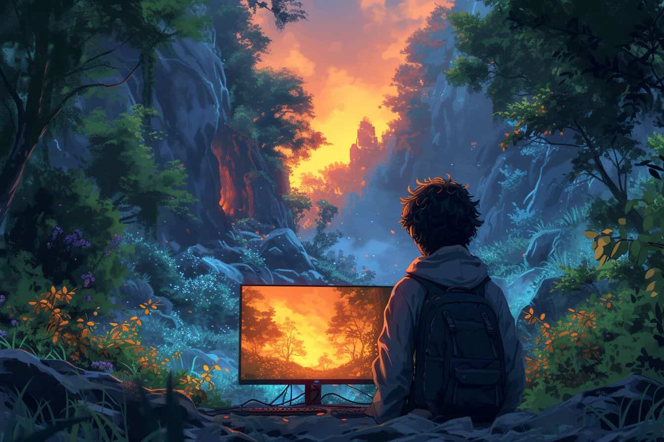 Cartoon illustration of a user playing a fantasy roleplaying game with ChatGPT, exploring a magical forest scene on a computer screen.