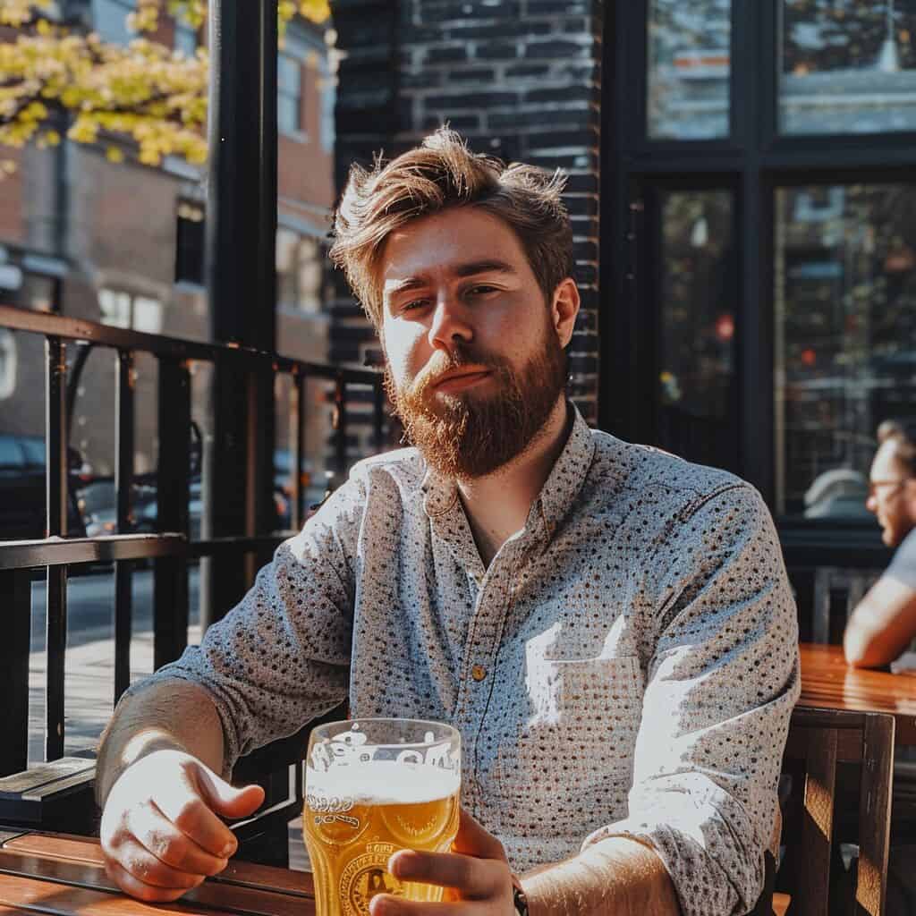 A man sitting on a patio drinking a Beer