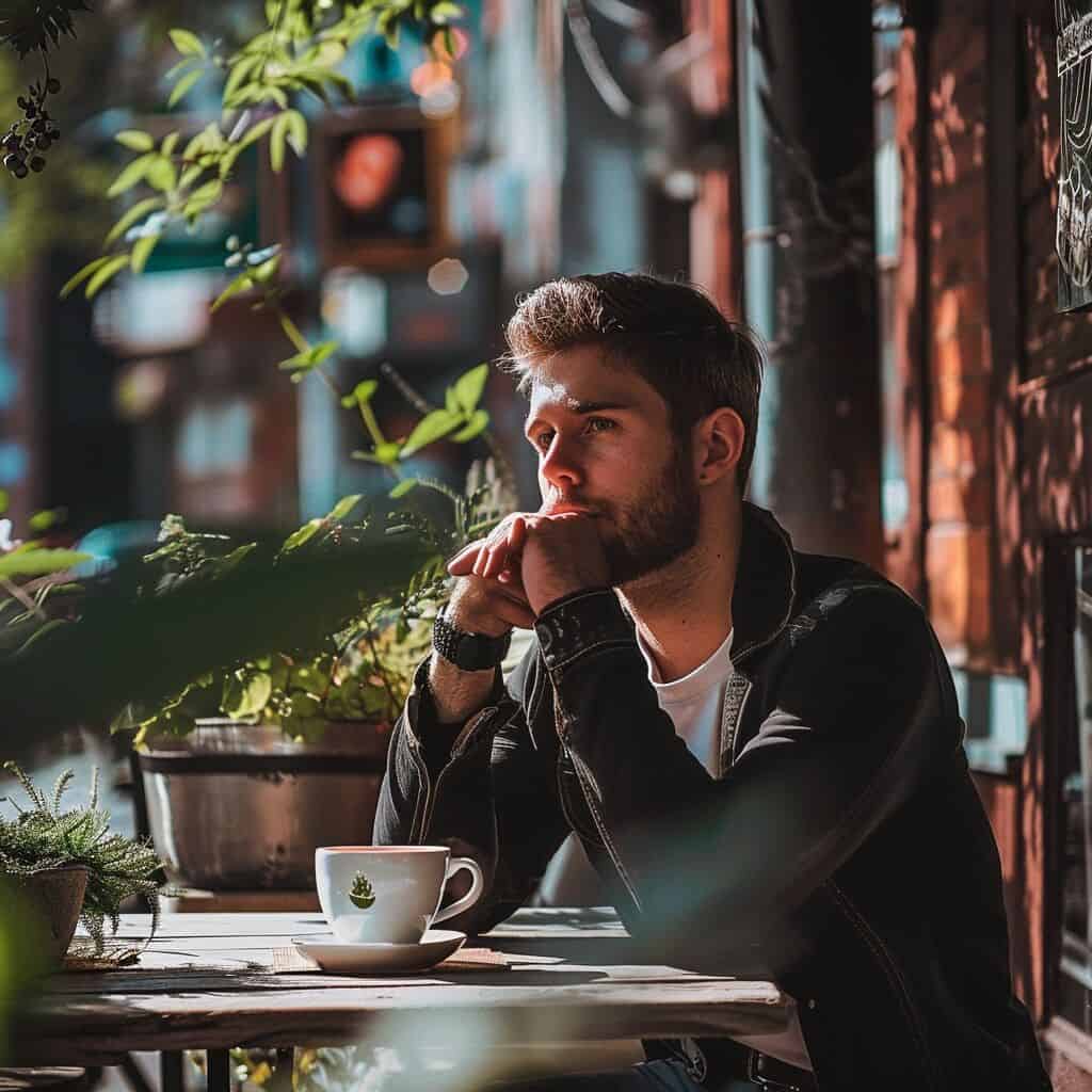A man sitting on a patio drinking a Coffee
