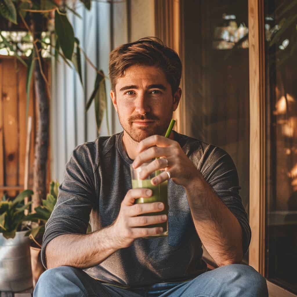 A man sitting on a patio drinking a Smoothie