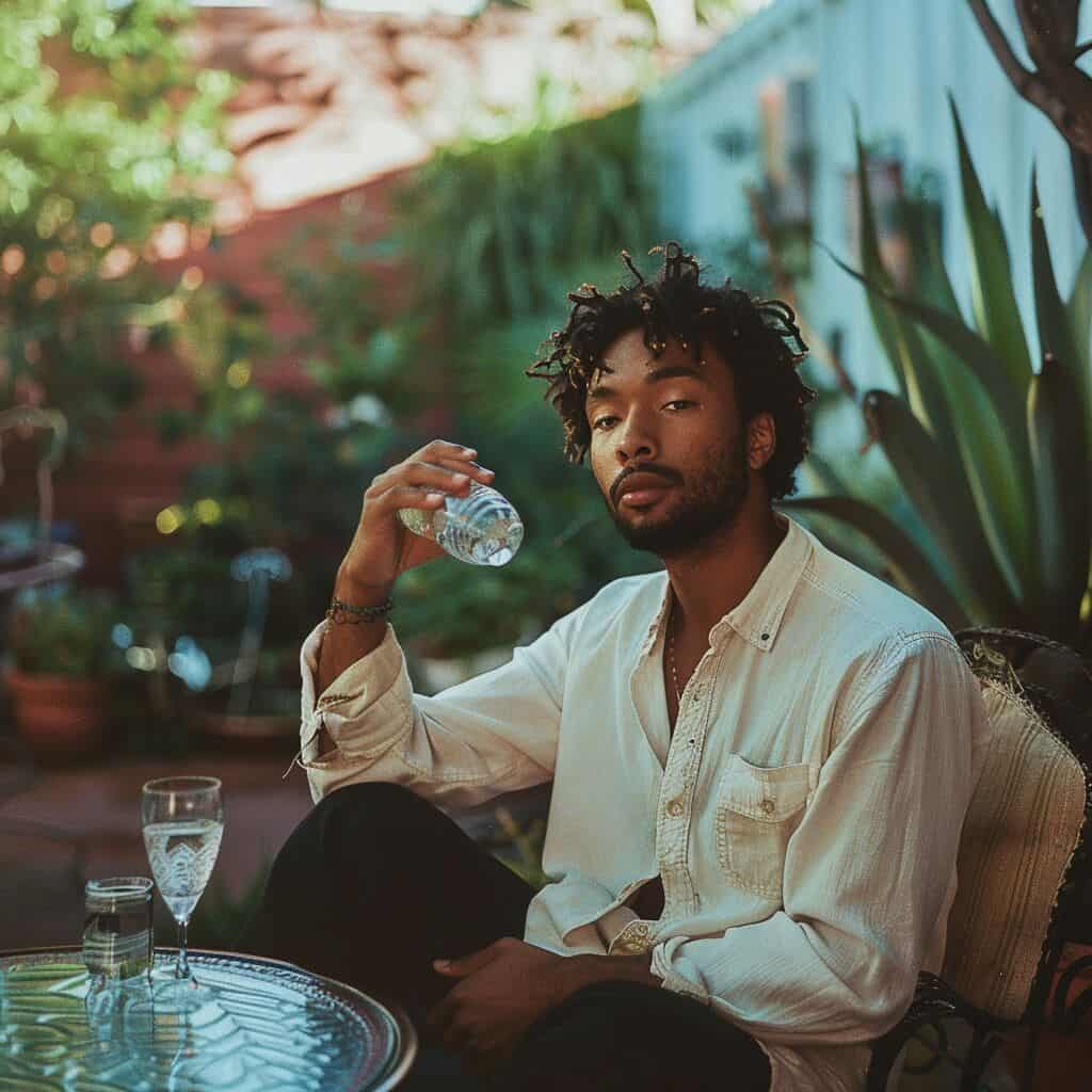 A man sitting on a patio drinking a Water