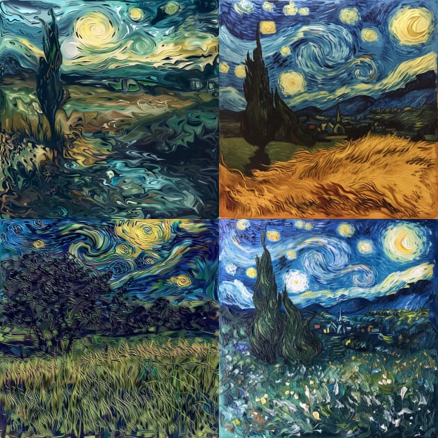 Four melancholic landscapes in the style of Van Gogh with a low midjourney stylize value.