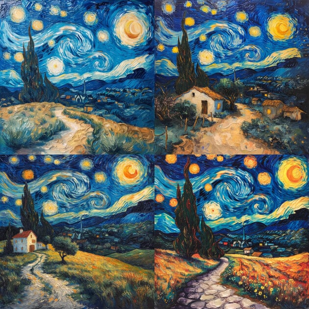 Four melancholic landscapes in the style of Van Gogh with a high midjourney stylize value.