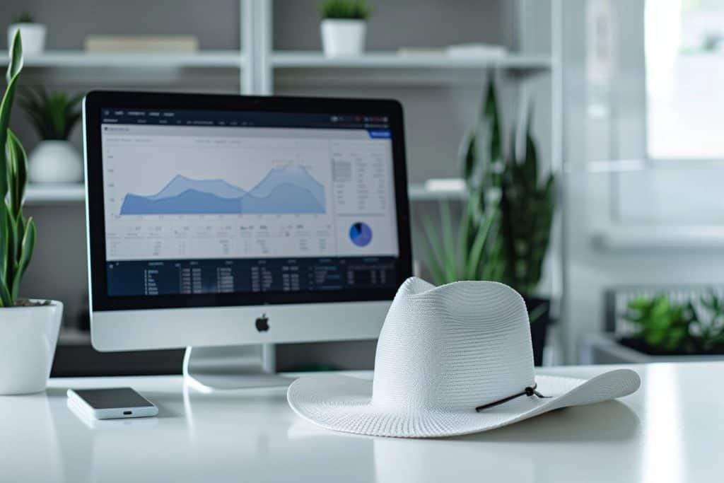 A white hat sitting on a desk in front of a computer.