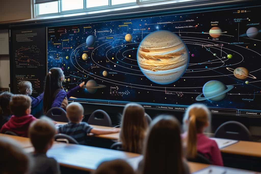 Interactive classroom with an AI-generated visual aid of the solar system on a whiteboard, engaging students in learning astronomy.