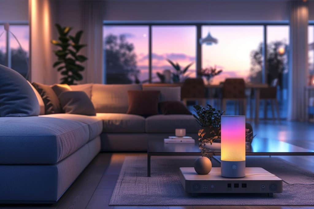A modern living room that adjusts to evening ambiance using AI