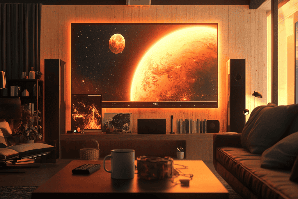 a modern living room with a 3D rendering station, a coffee mug being digitally converted into a 3D object on a glowing screen, with Mars as the background setting for the rendered mug