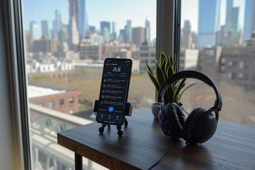 A cellphone and headphones on a desk, showing personalized streaming recommendations.