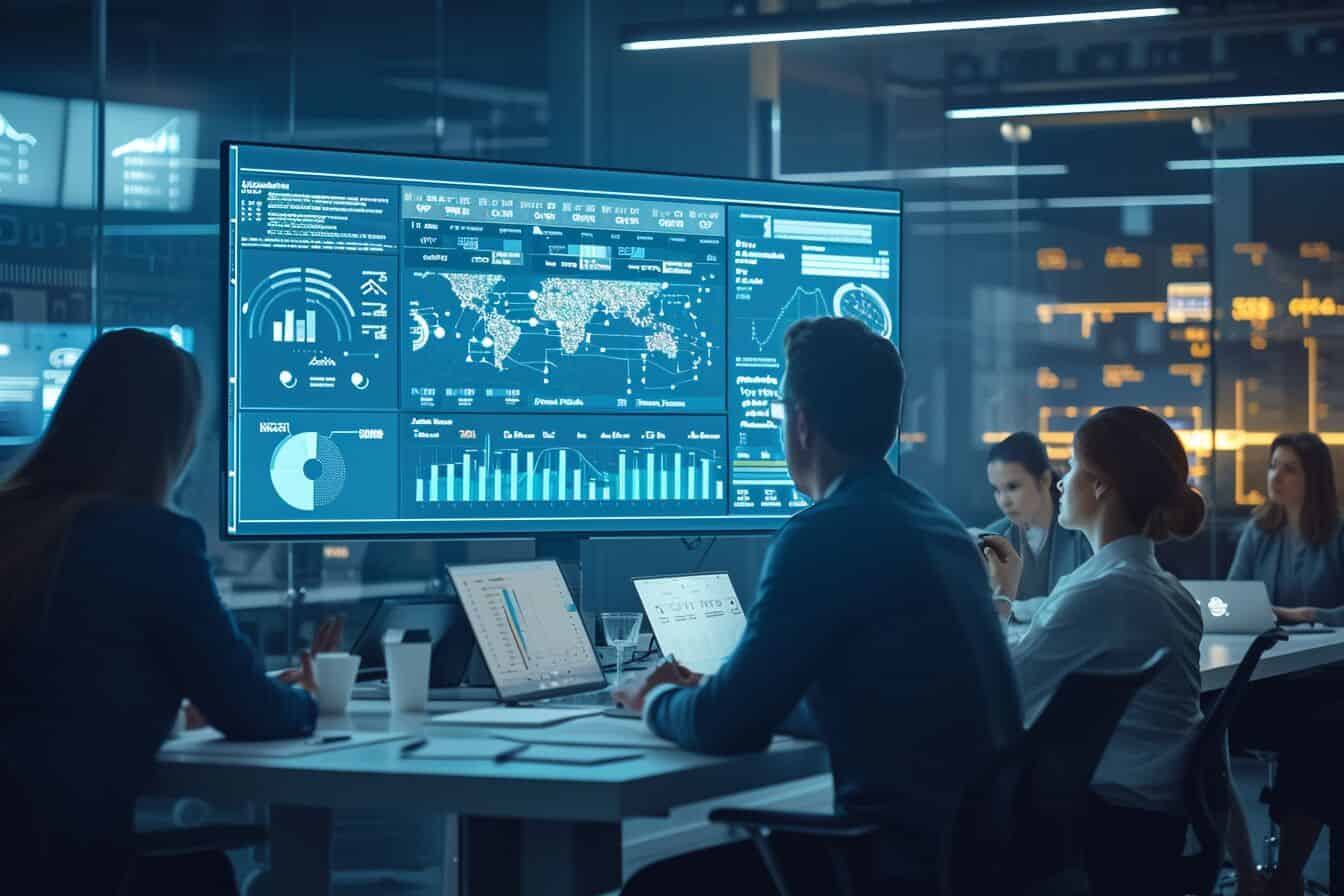 Team in a modern office using ChatGPT for market analysis and strategy planning on a digital board, highlighting collaborative business planning.