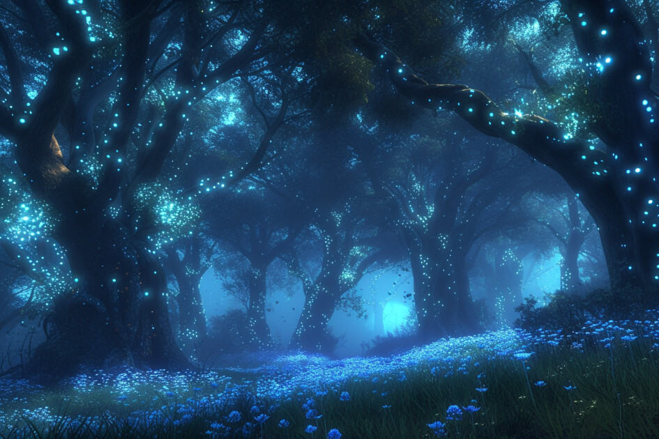 a mysterious forest glade bathed in the soft glow of bioluminescent flora. Wisps of magical energy dance through the air, illuminating the enchanted surroundings. Ethereal creatures like fairies and unicorns frolic among the ancient trees, while shafts of moonlight filter through the canopy above. 
