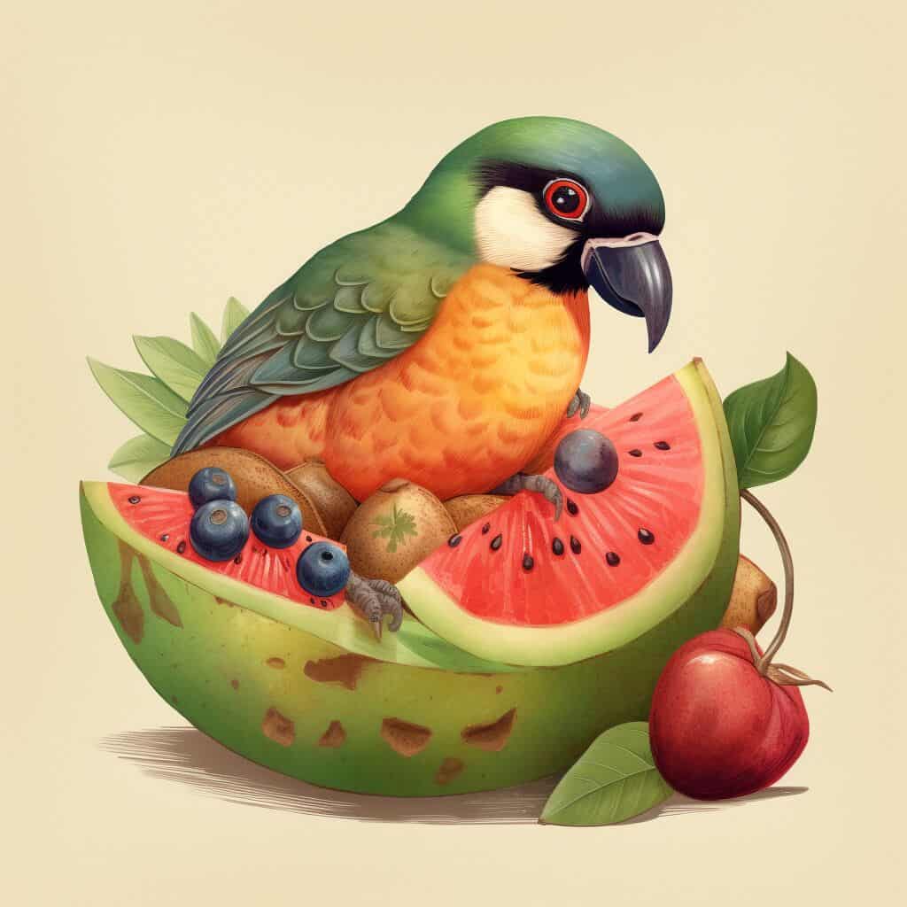 An illustration of a bird and fruit salad.