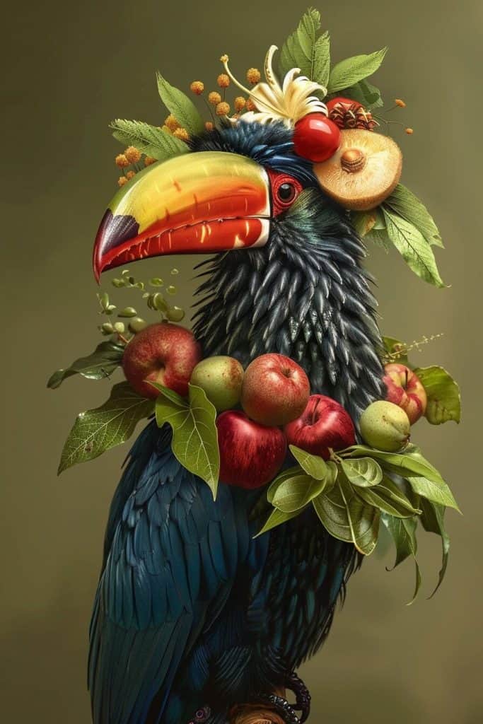 A naturalist illustration of a fruit salad bird