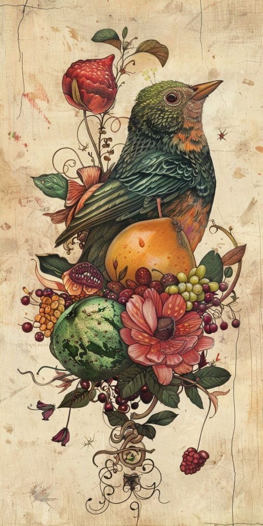 An illustration of a bird and fruit salad.