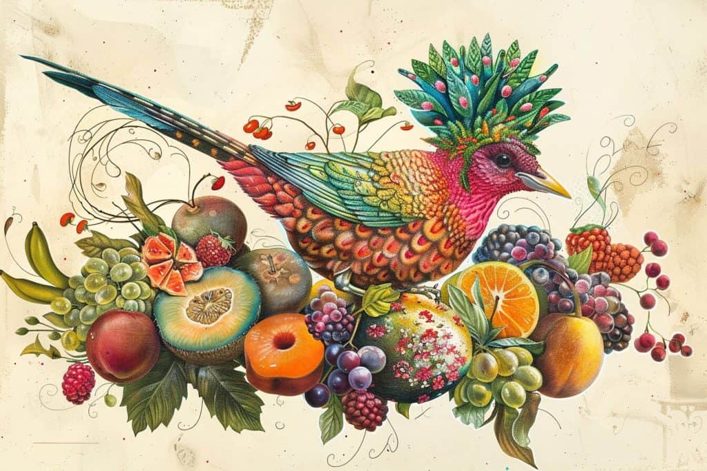An illustration of a fruit salad and a bird.