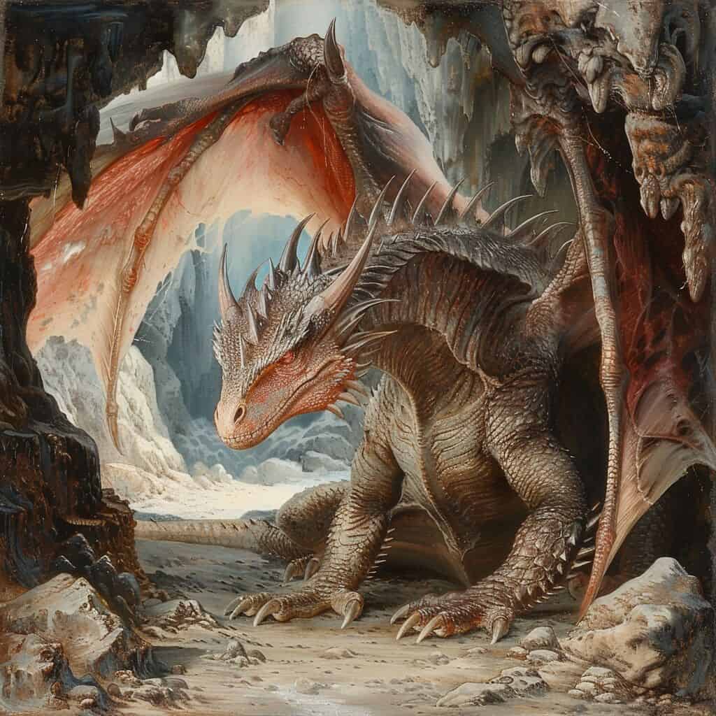 A painting of a dragon in a cave.