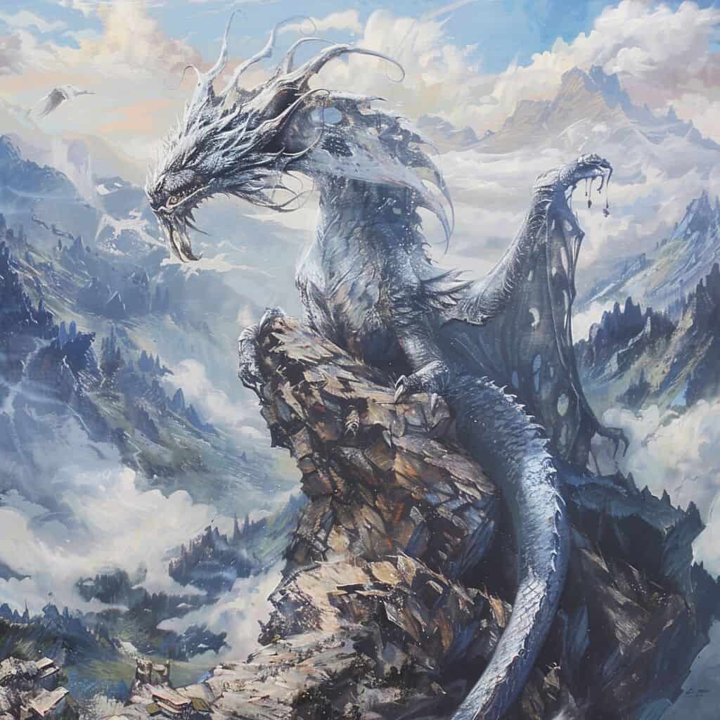 A painting of a dragon on a mountain.