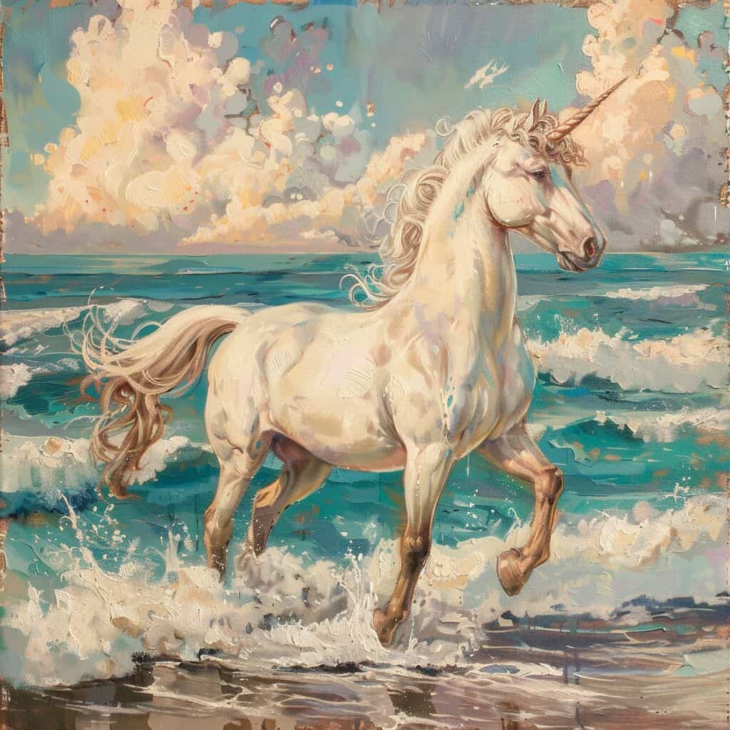 A painting of a unicorn by the sea.