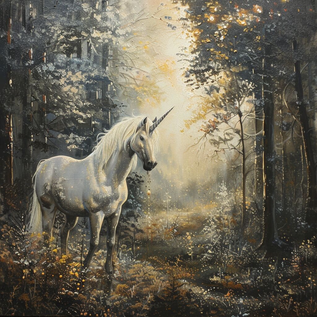 A painting of a unicorn in a forest.