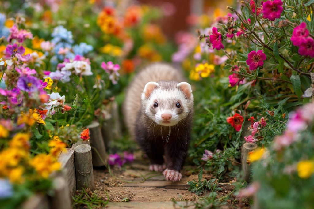 A playful ferret exploring a garden path.