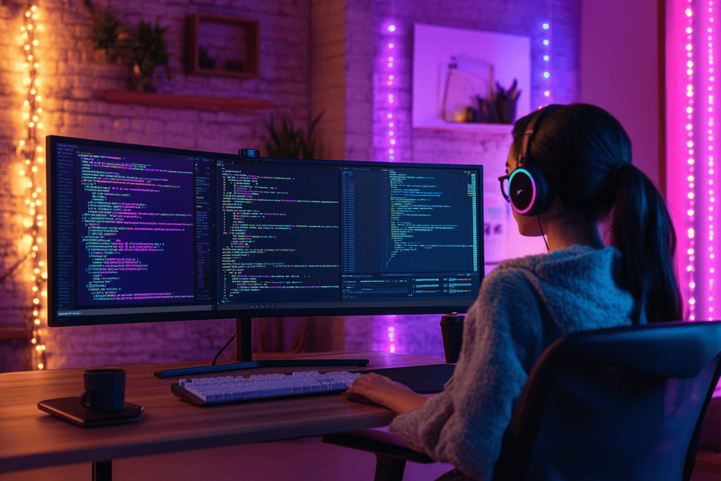 a programmer’s workspace with a vibrant dual-monitor setup, Codestral 25.01 generating JavaScript code on one screen while the developer tests on another, dynamic lighting and vibrant colors